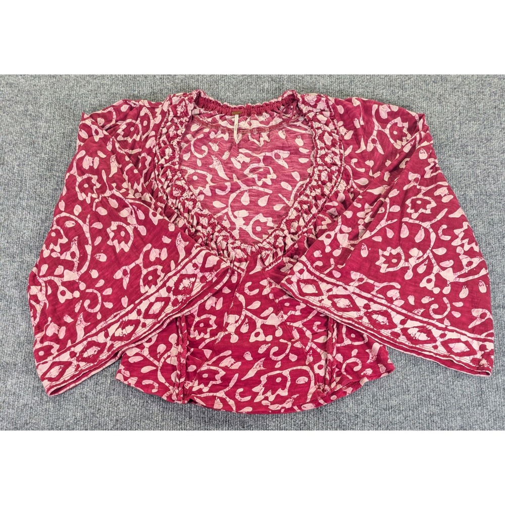 Free People Berry Pink Floral Batik Smocked Bell Sleeve Cotton Top Large